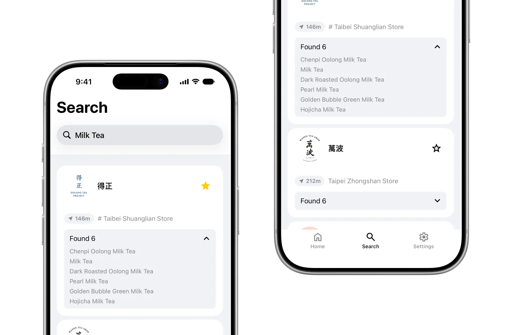 Drinqsy search screen after entering milk tea, showing nearby shops that sell it and matching menu items