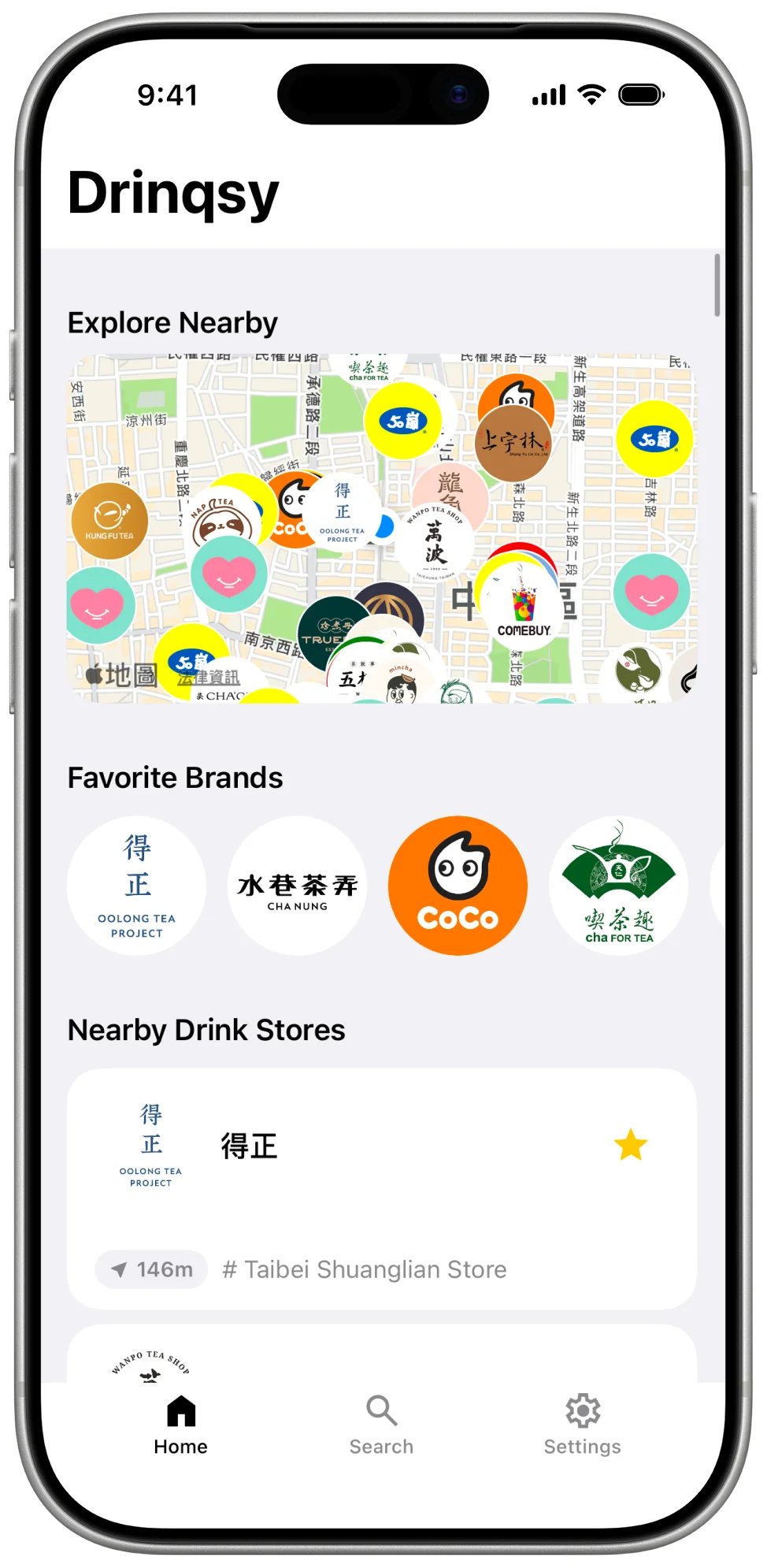Drinqsy shop list screen sorting nearby drink shops by distance