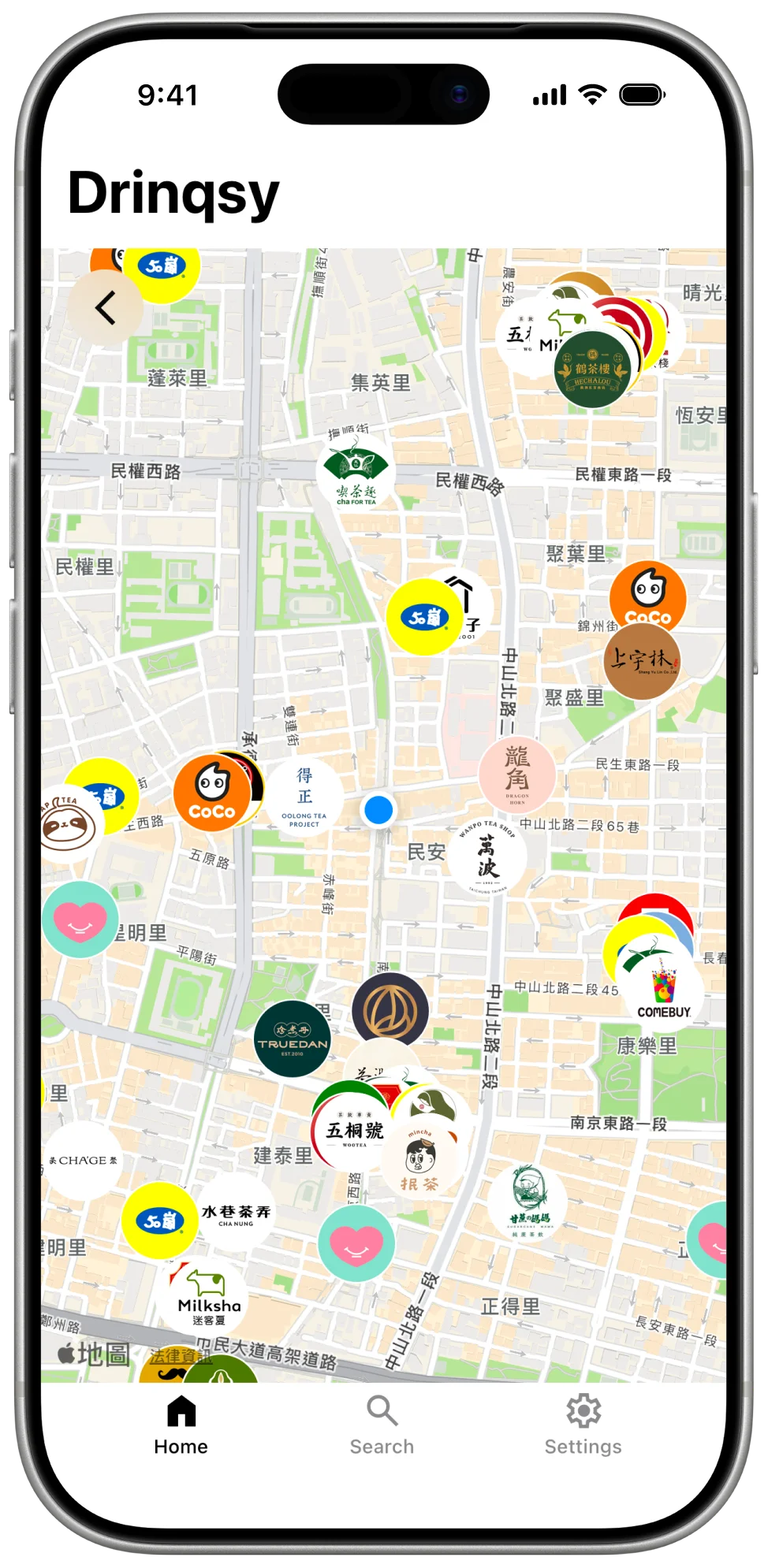 Drinqsy nearby map screen showing drink shops marked with brand logos