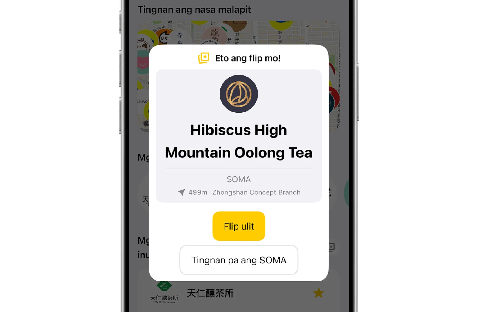 Drinqsy Flip Mo: full-screen na result card na nagpapakita ng na-flip na item, brand logo, pangalan ng shop, at layo, may 'Flip ulit' at open shop buttons sa ibaba