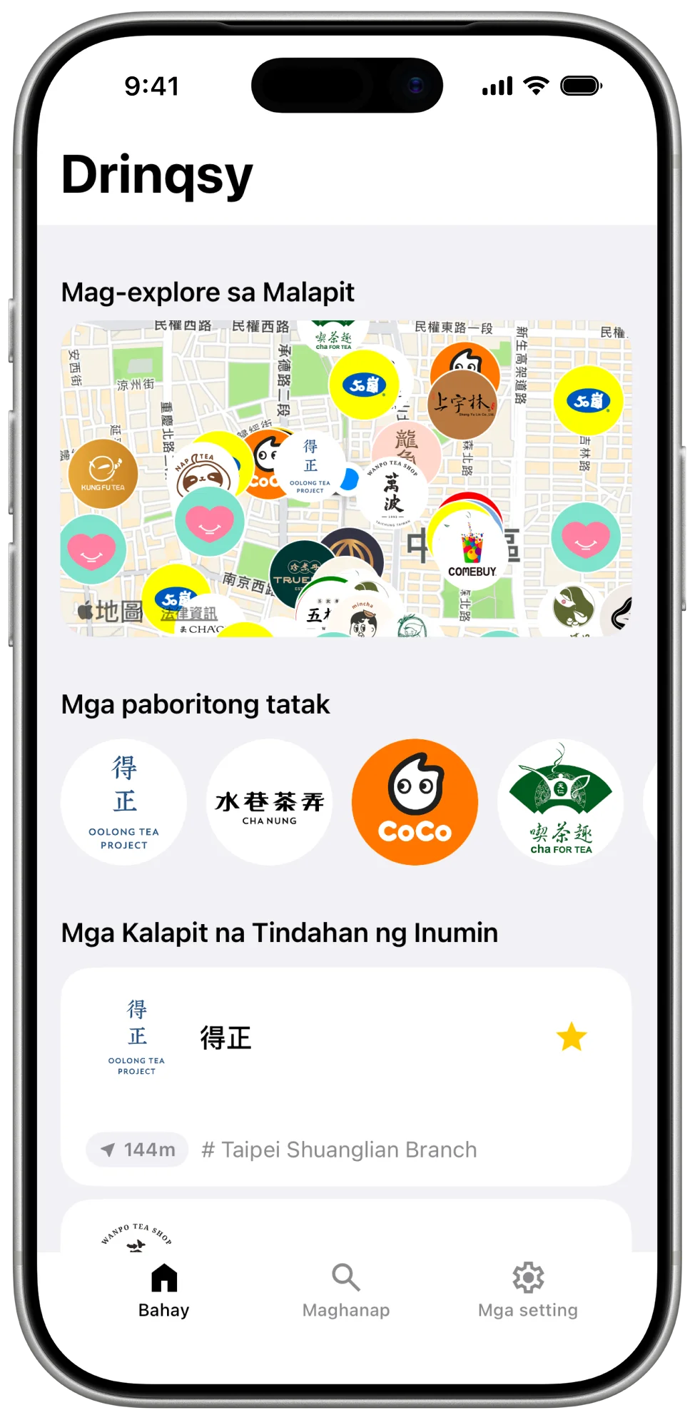 Drinqsy shop list screen na nag-aayos ng mga malapit na tindahan ng inumin ayon sa layo