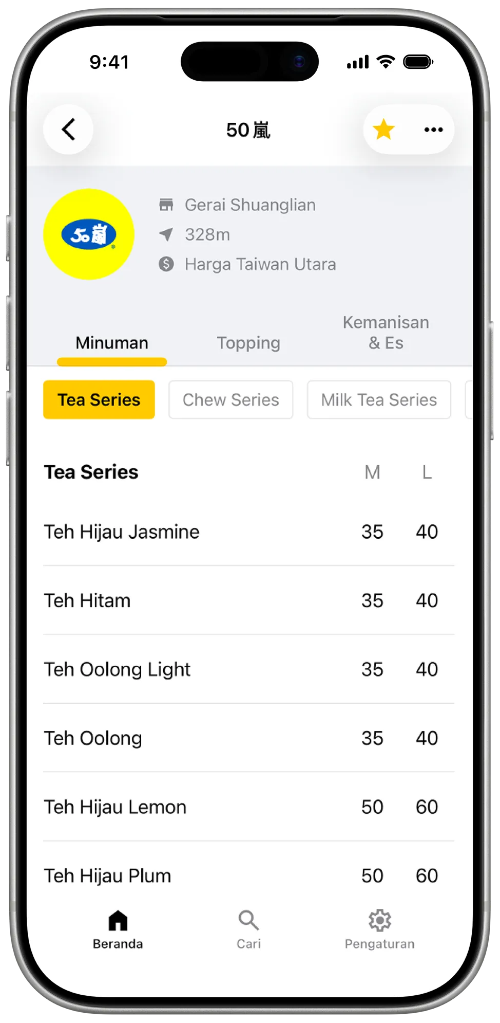 Layar detail kedai Drinqsy menampilkan menu lokal, harga, tingkat gula, dan pilihan es