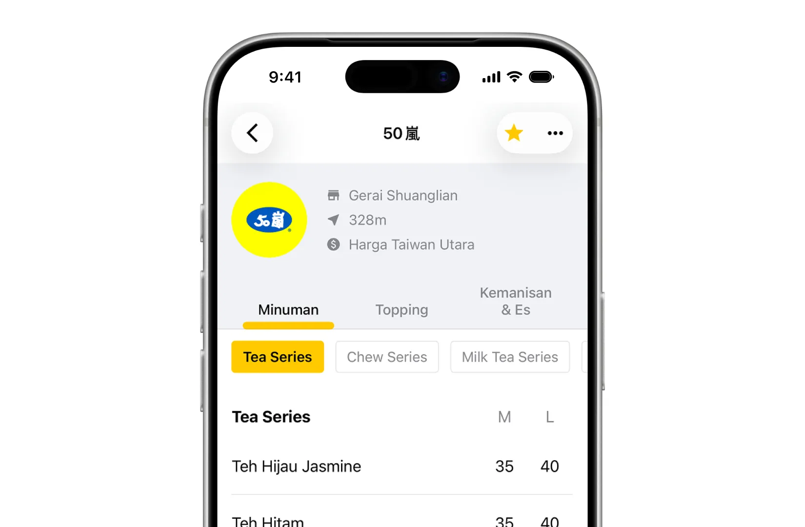 Tab minuman detail kedai Drinqsy menampilkan item menu dan harga per wilayah