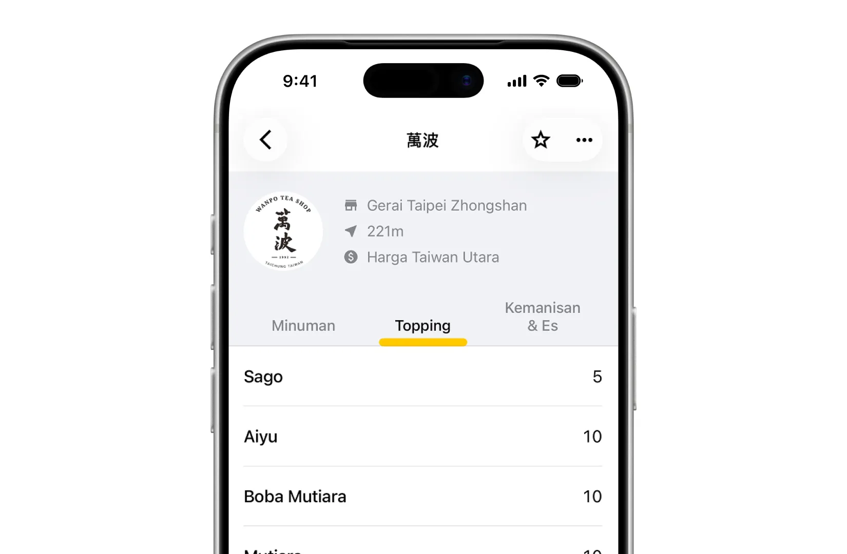 Tab topping detail kedai Drinqsy menampilkan tambahan dan harganya
