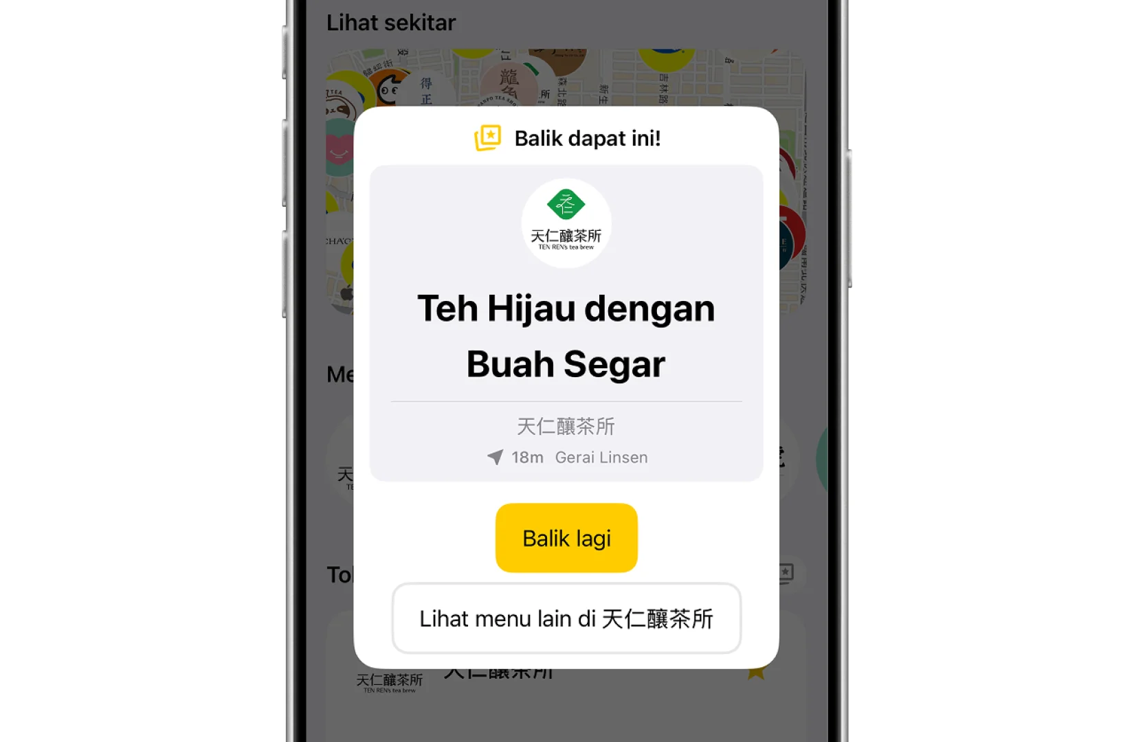 Drinqsy Balik Segelas: kartu hasil layar penuh yang menampilkan item yang dibalik, logo merek, nama kedai, dan jarak, dengan tombol 'Balik lagi' dan buka kedai di bawahnya