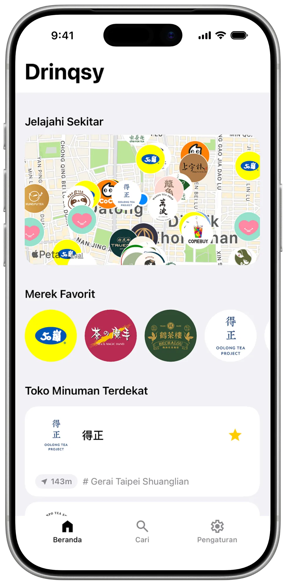 Layar daftar kedai Drinqsy mengurutkan kedai minuman terdekat berdasarkan jarak