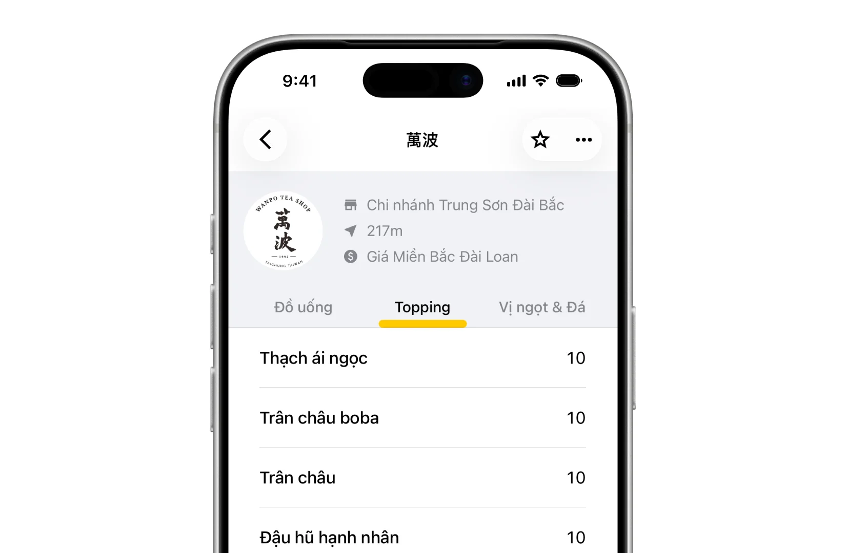 Chi tiết quán Drinqsy, tab topping hiển thị món thêm và giá