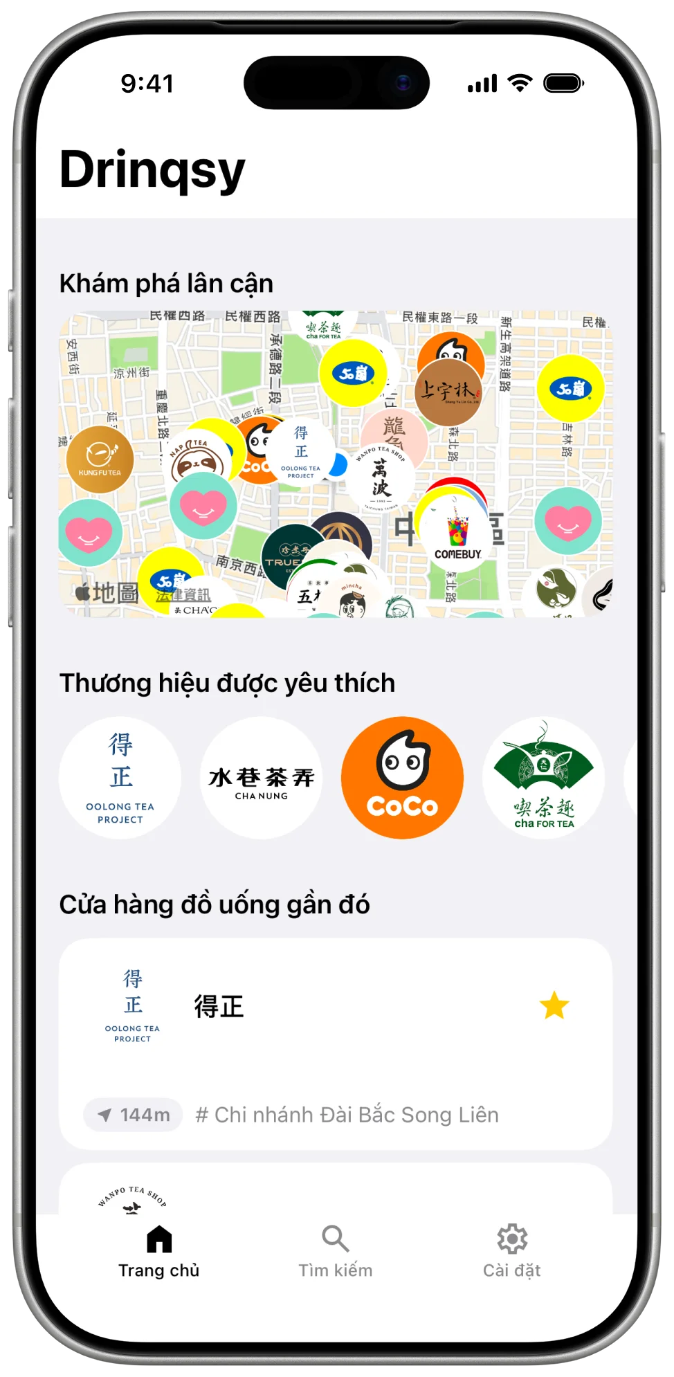 Màn hình danh sách quán của Drinqsy sắp xếp các quán đồ uống gần đây theo khoảng cách